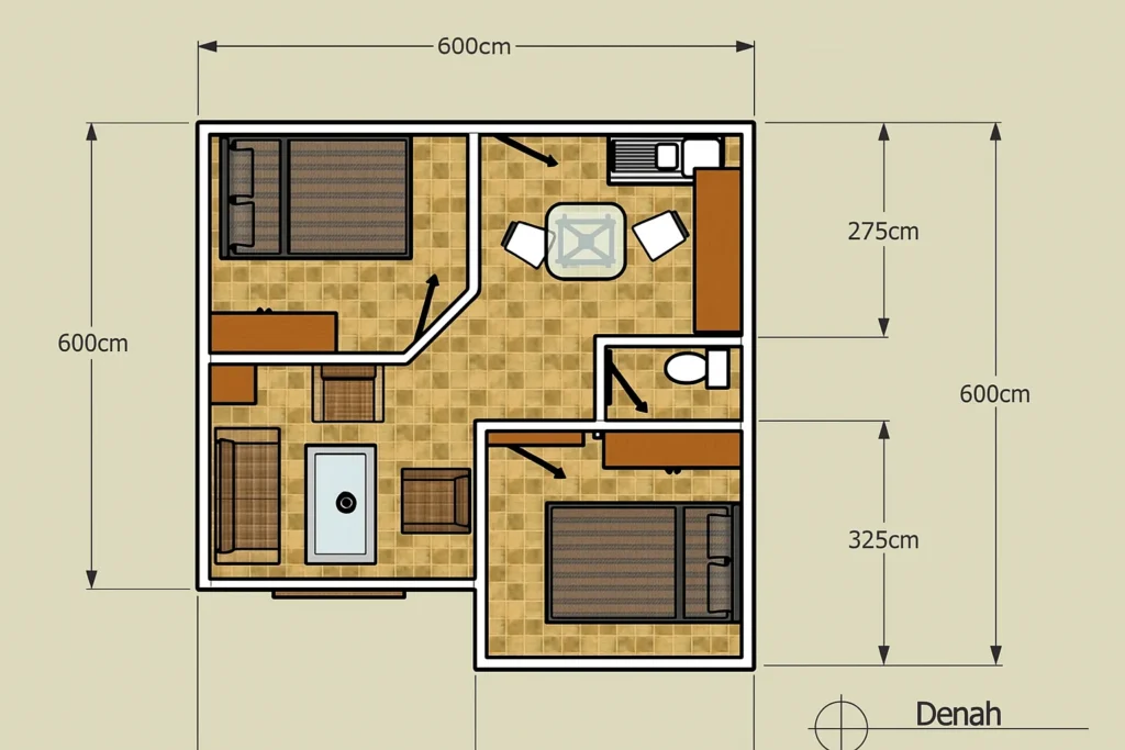 Denah Rumah Type 36 Minimalis 2 Kamar