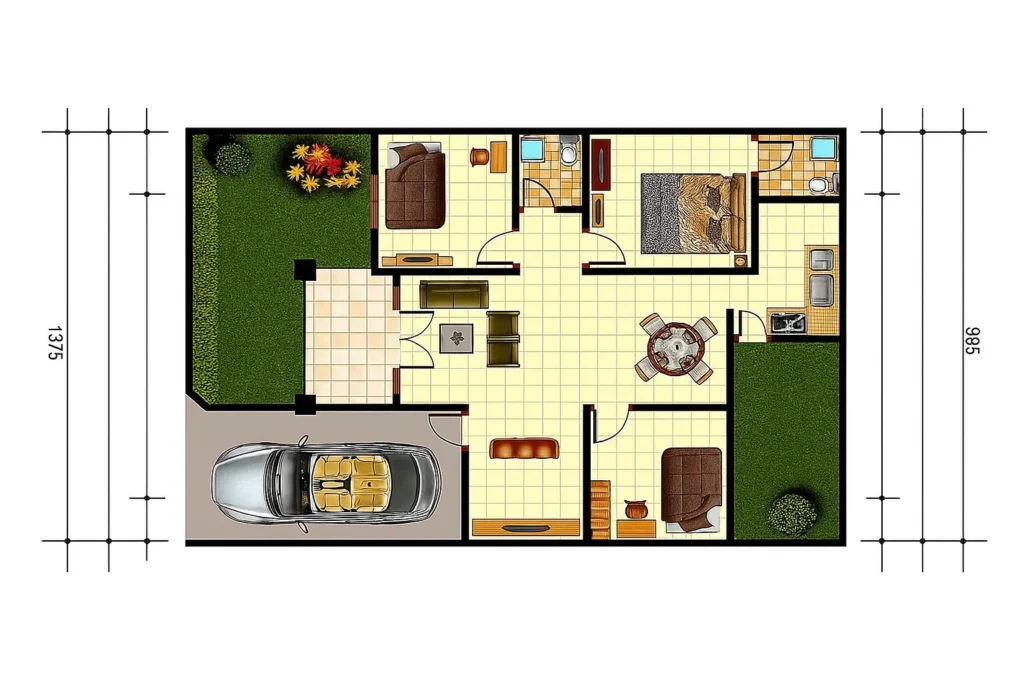 Denah rumah dengan taman belakang