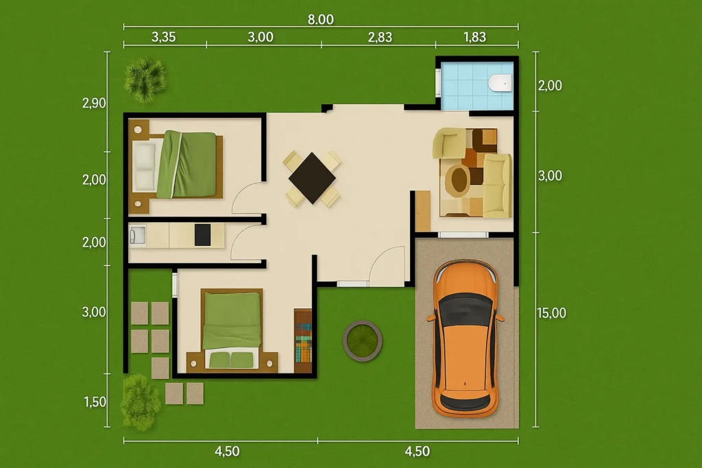 Denah rumah dengan taman indoor