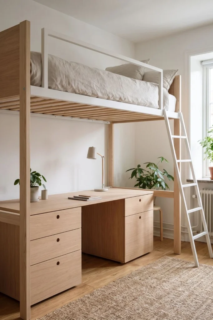ide desain loft bed dengan laci meja minimalis