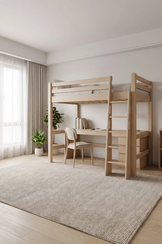 ide desain loft bed dengan meja belajar.