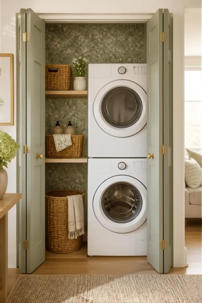 Cute Laundry Closet with Stacked Machines