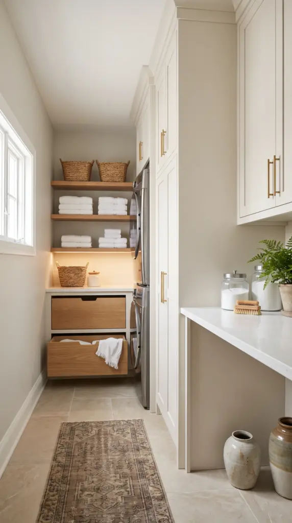 Floor-to-Ceiling Cabinet Wall Around a Stacked Washer and Dryer