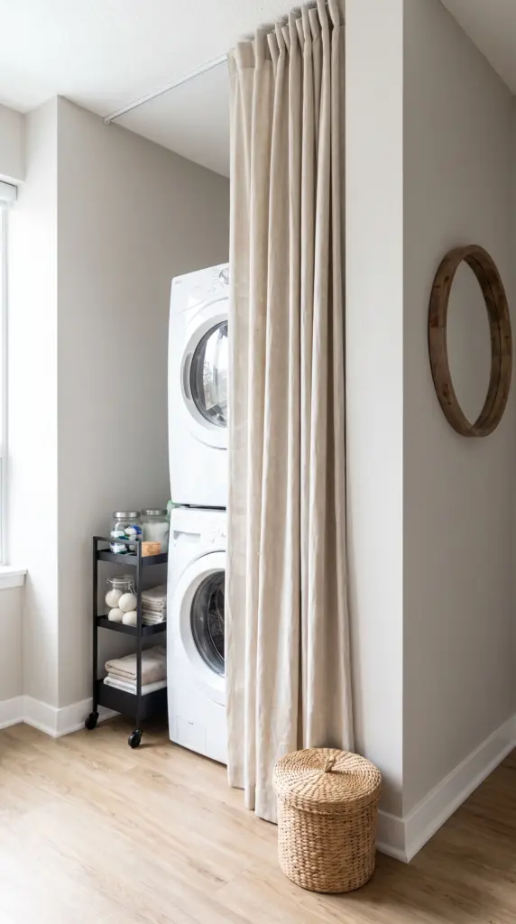 Stacked Laundry Alcove With Wallpaper and a Slim Folding Counter