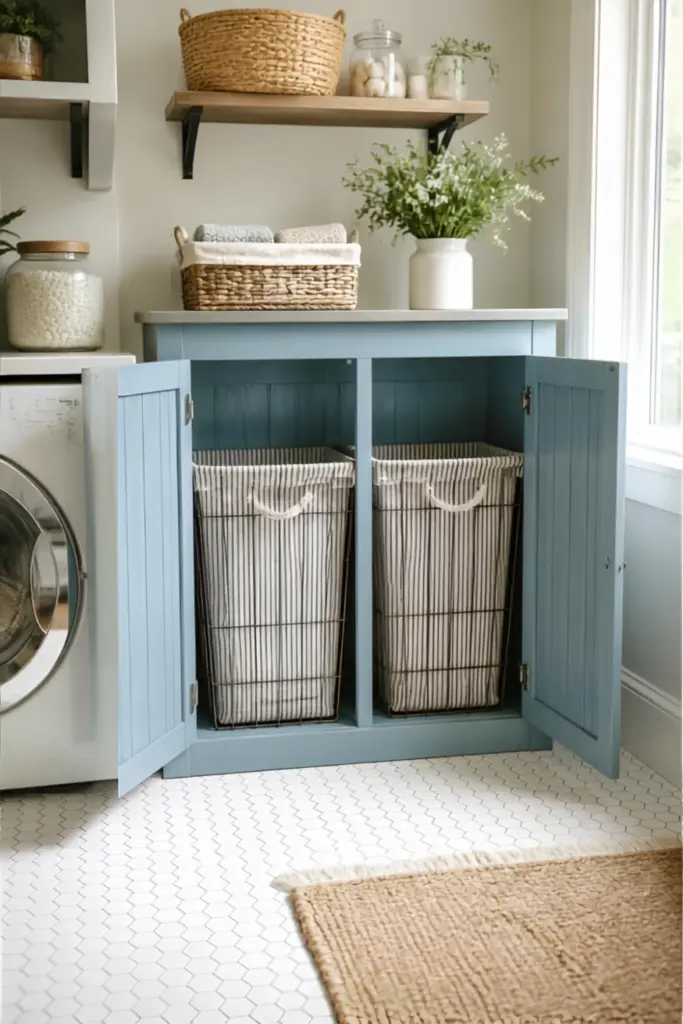 Farmhouse Beadboard Hamper Cabinet