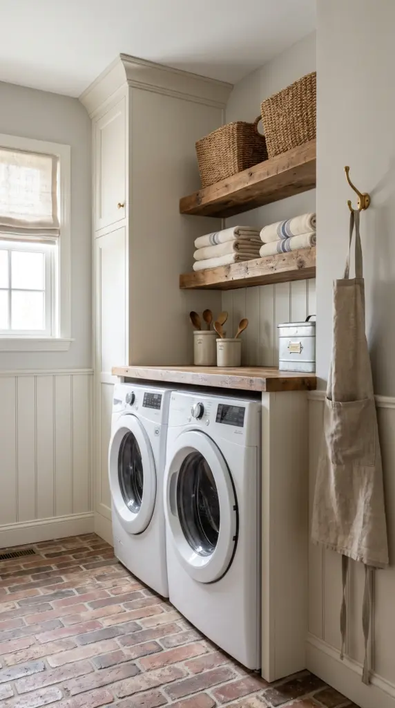 Farmhouse Stacked Laundry Room With Beadboard and Rustic Wood Shelves