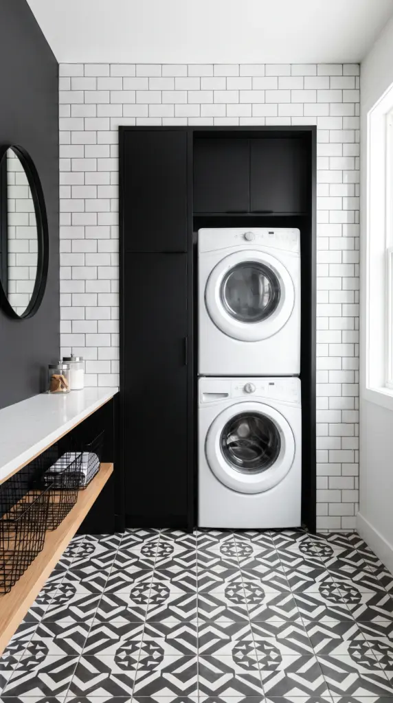 Black and White Stacked Laundry Room With Graphic Floor Tile