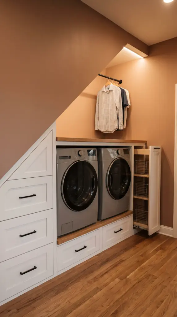 Under-Stair Stacked Laundry Nook With Custom Drawers