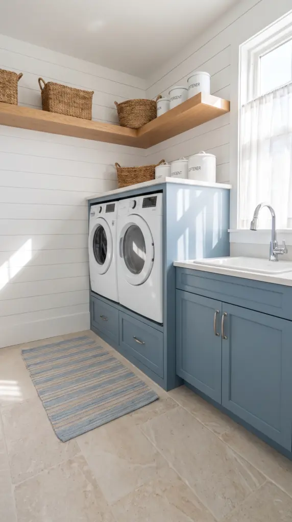 Coastal Stacked Laundry Room With Dusty Blue Cabinets and Woven Accents