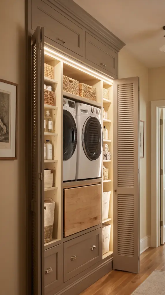 Hidden Pantry-Style Stacked Laundry Cabinet With Pocket Doors