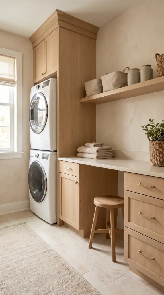 Warm Neutral Stacked Laundry Room With Limewash Walls and Oak Cabinets