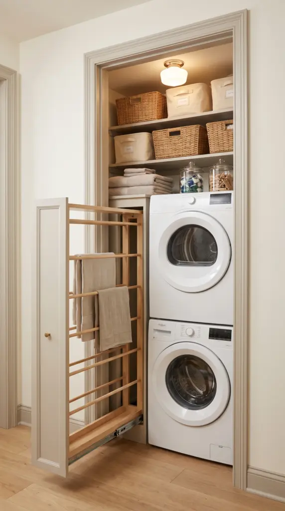 Tiny Laundry Closet With a Pull-Out Drying Rack and Upper Baskets