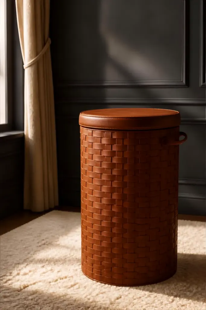 Woven Leather Cylinder Hamper