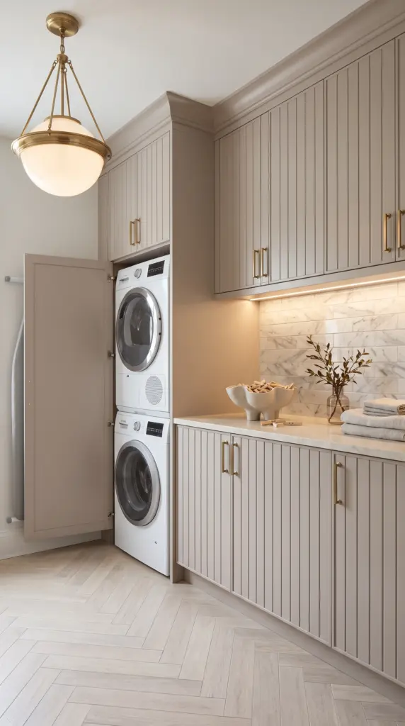 Luxe Stacked Laundry Room With Marble Tile and Fluted Cabinet Details