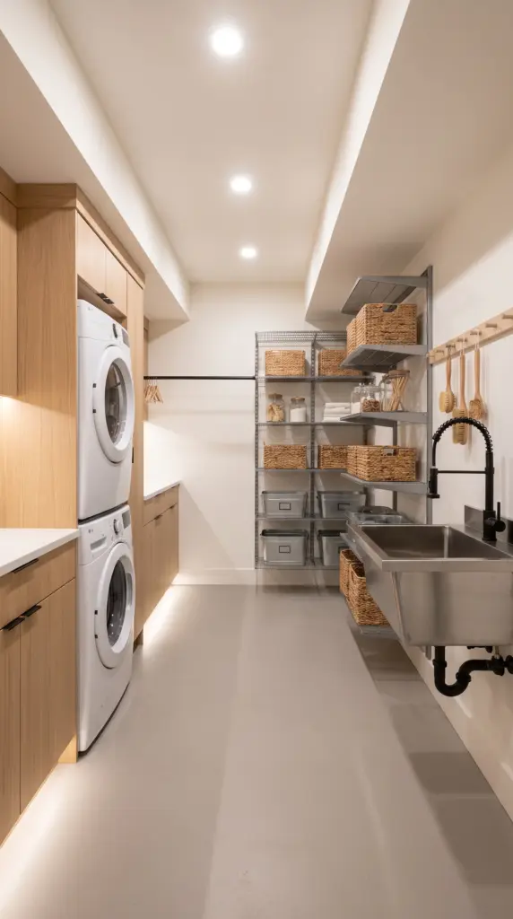 Basement Stacked Laundry Room With Painted Concrete Floors and Utility Storage