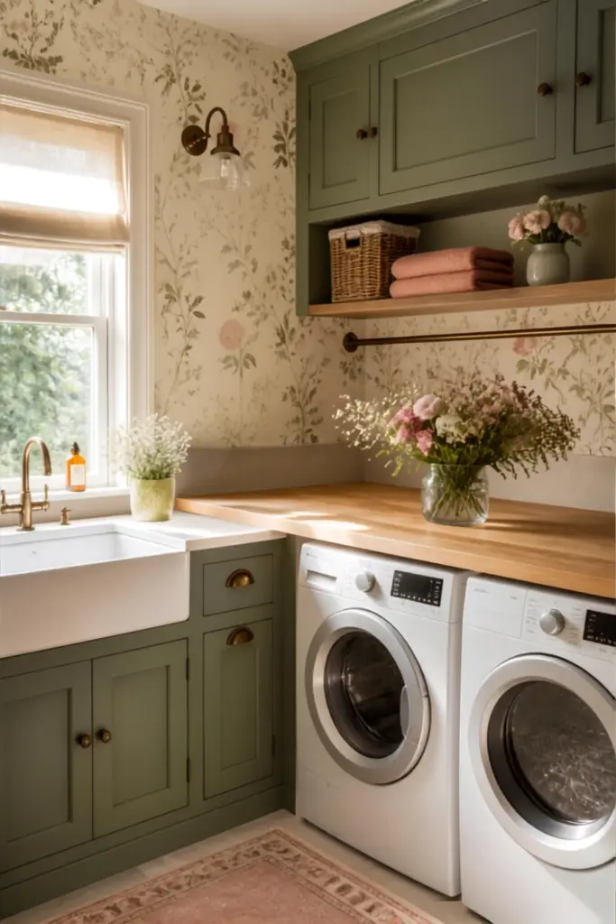 Pair Sage Green Cabinets with Floral Wallpaper