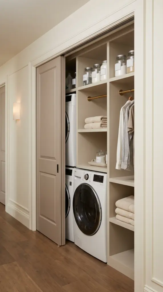 Small Laundry Closet With Sliding Doors and a Built-In Shelf Nook