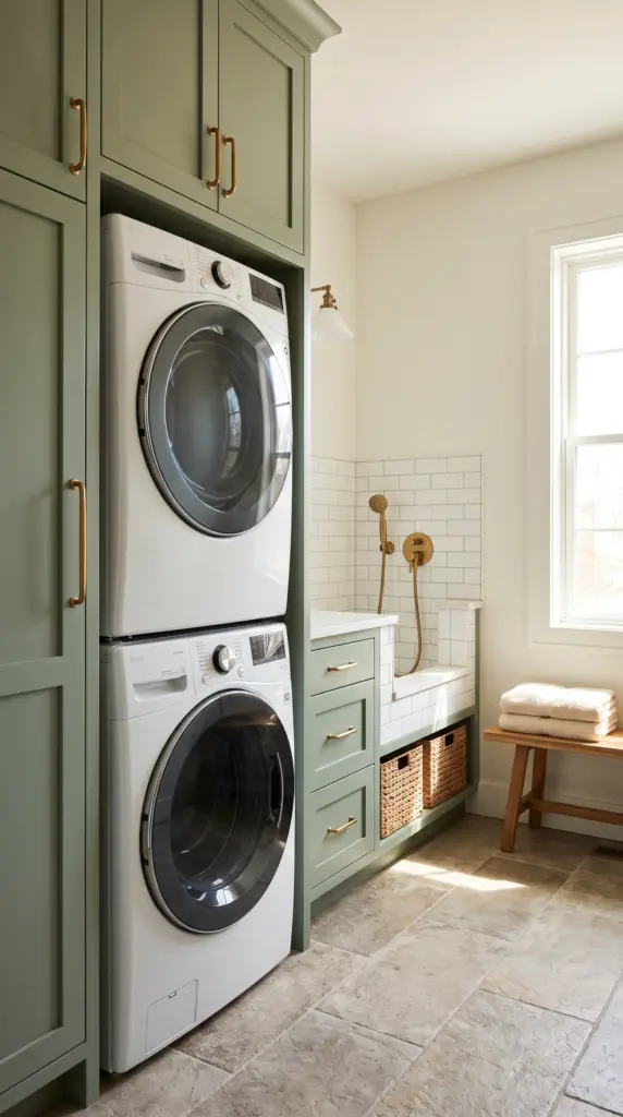 Stacked Laundry Room With Sage Cabinets and a Pet Washing Station
