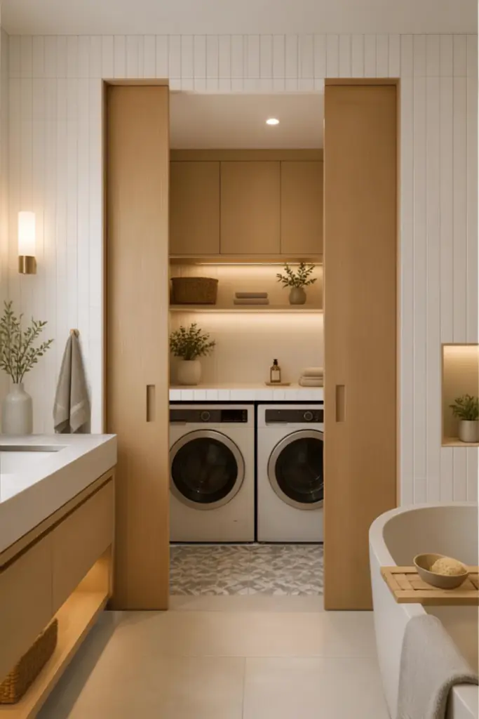 Hidden Bathroom Corner Laundry with Pocket Doors