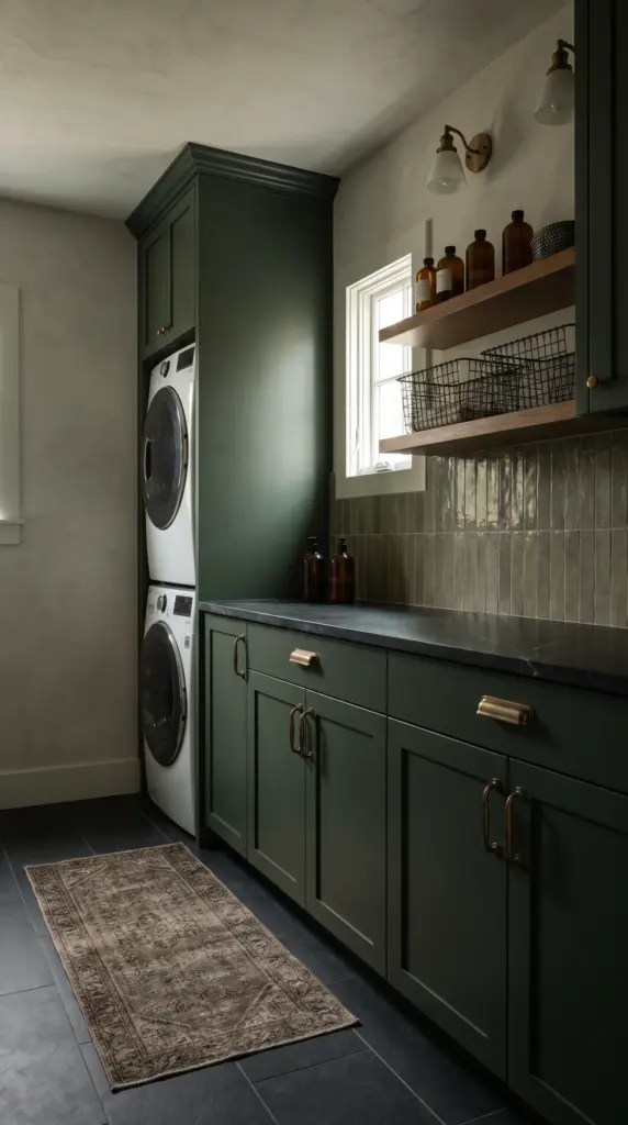 Moody Stacked Laundry Room With Deep Green Cabinets