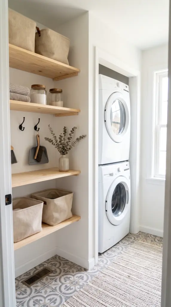 Budget-Friendly Stacked Laundry Nook With Open Wood Shelves