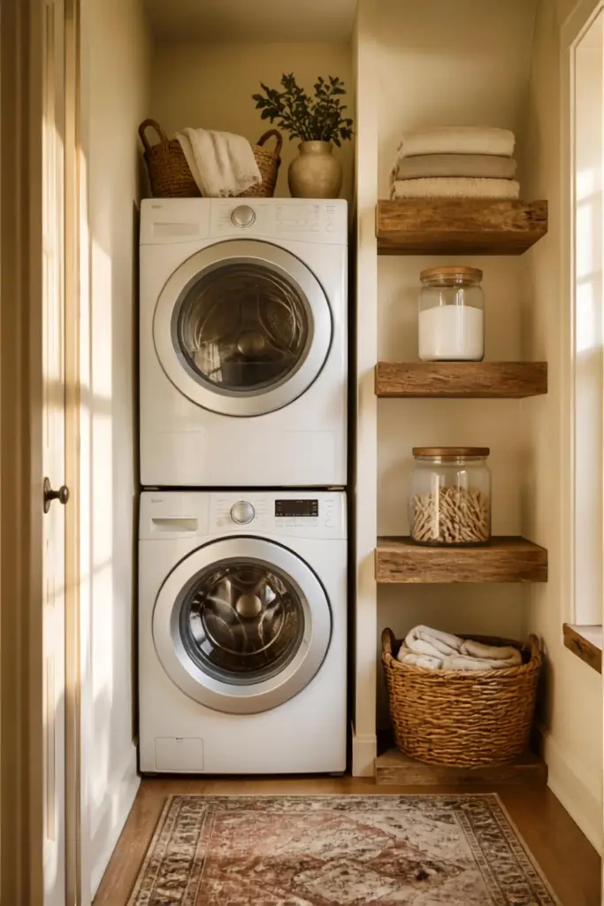 Warm Up a Laundry Closet with Wood Shelves