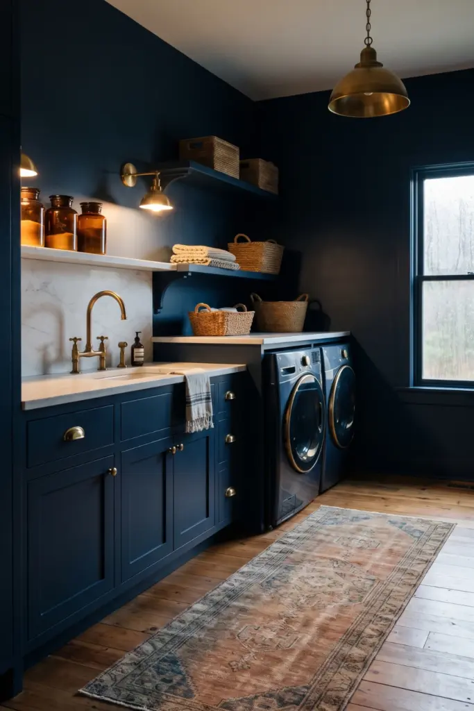 Moody Dark Cabinetry with Brass Accents