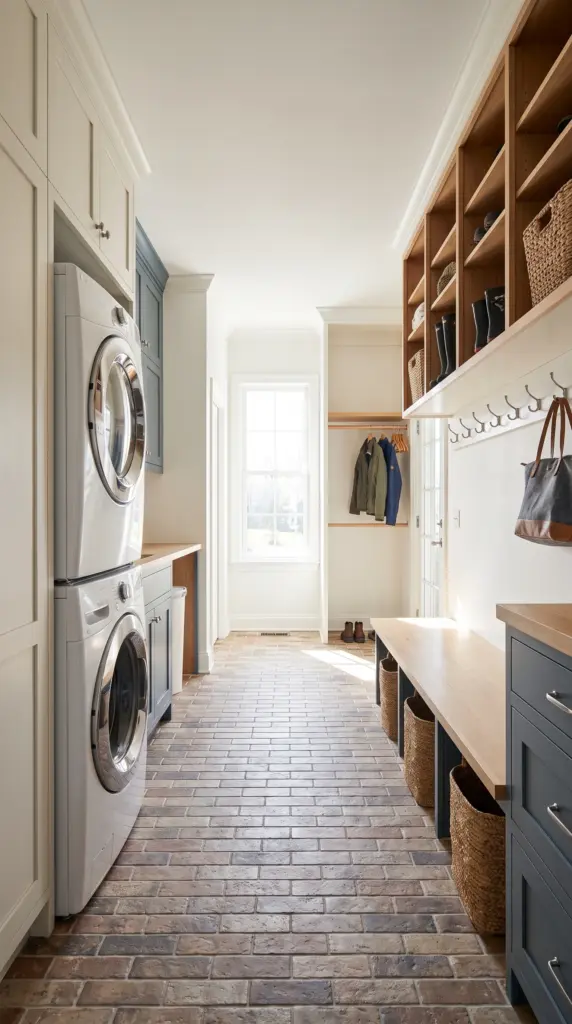 Stacked Mudroom Laundry Combo With Bench Seating