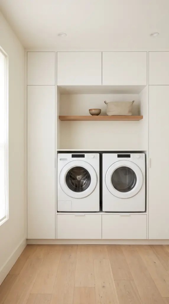 Minimalist White Laundry Closet With Hidden Upper Storage
