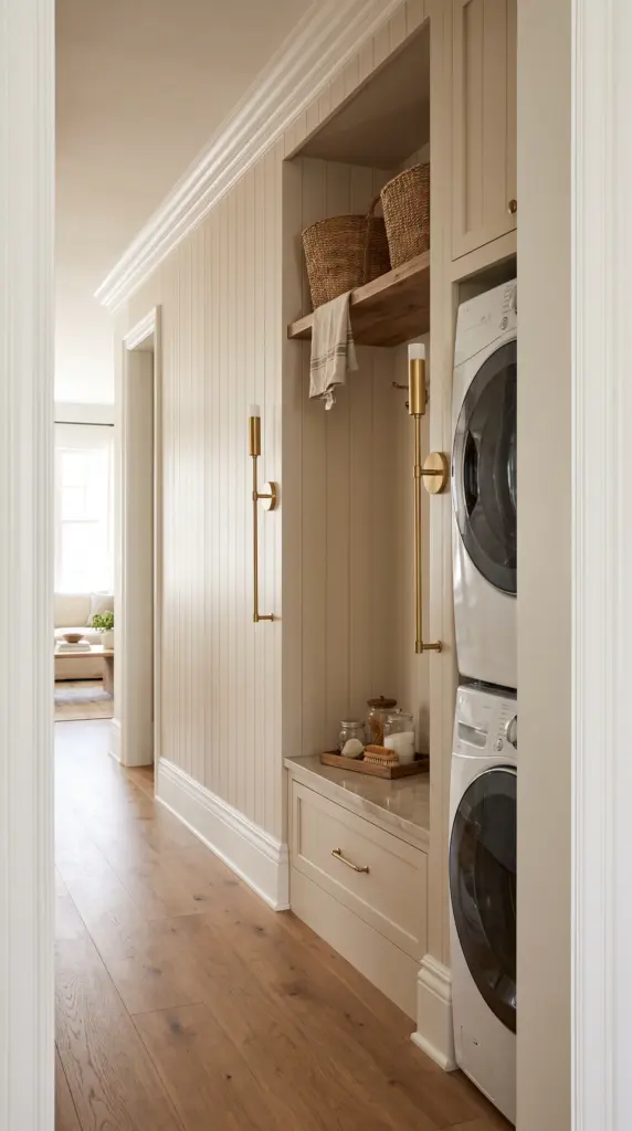 Narrow Hallway Laundry Space With Vertical Shiplap and Brass Sconces