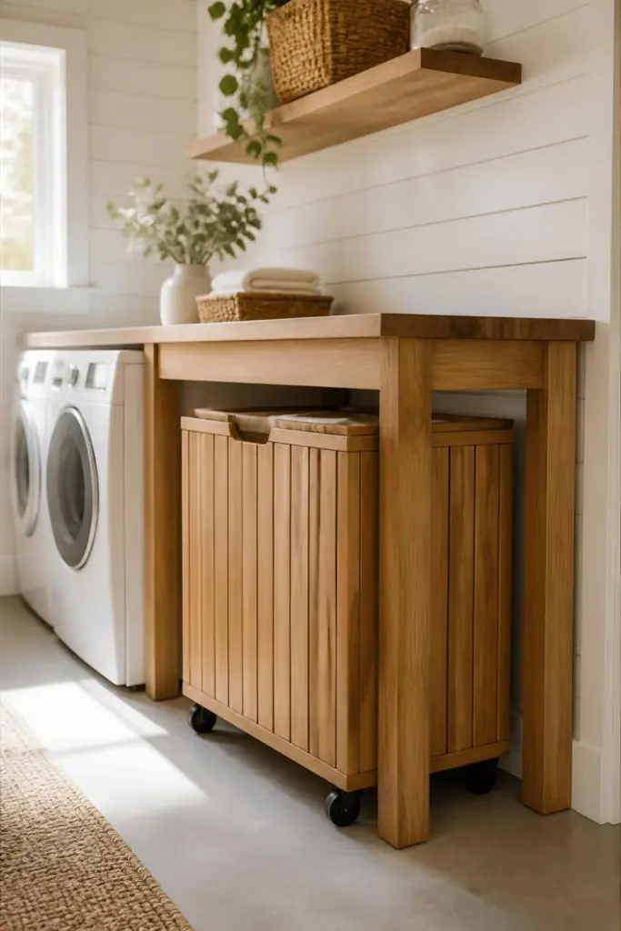  Rolling Wooden Bin Under a Folding Table