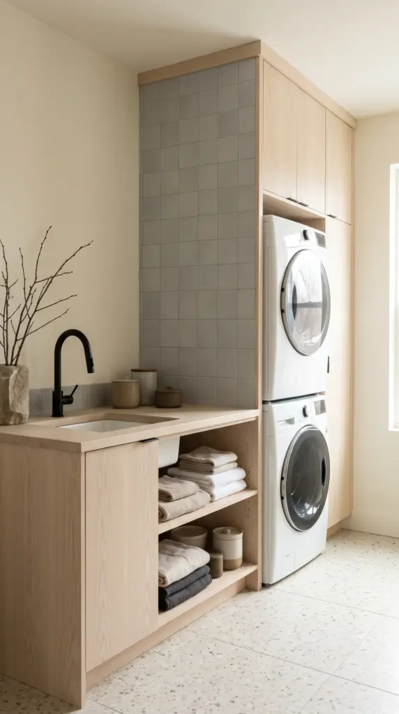 Scandinavian Stacked Laundry Room With Pale Wood and Soft Gray Tile