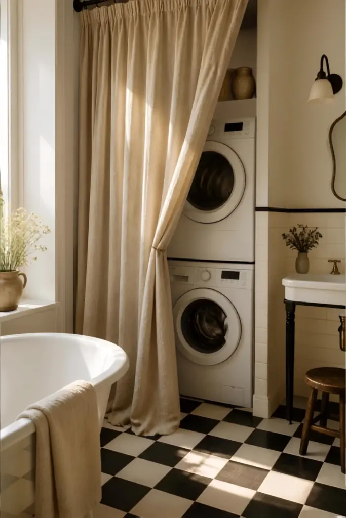 Curtain-Concealed Bathroom Laundry Corner