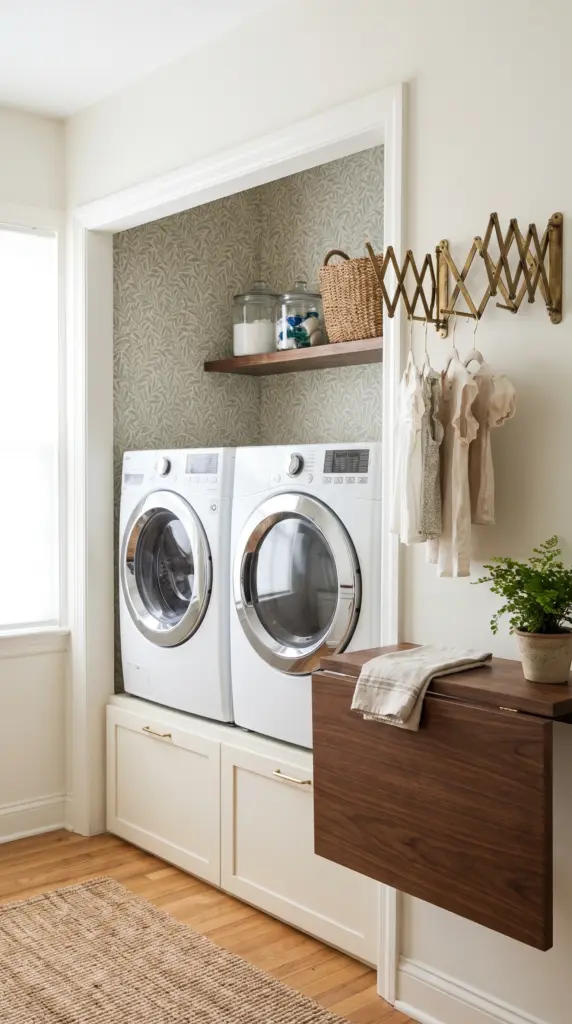 Stacked Laundry Alcove With Wallpaper and a Slim Folding Counter