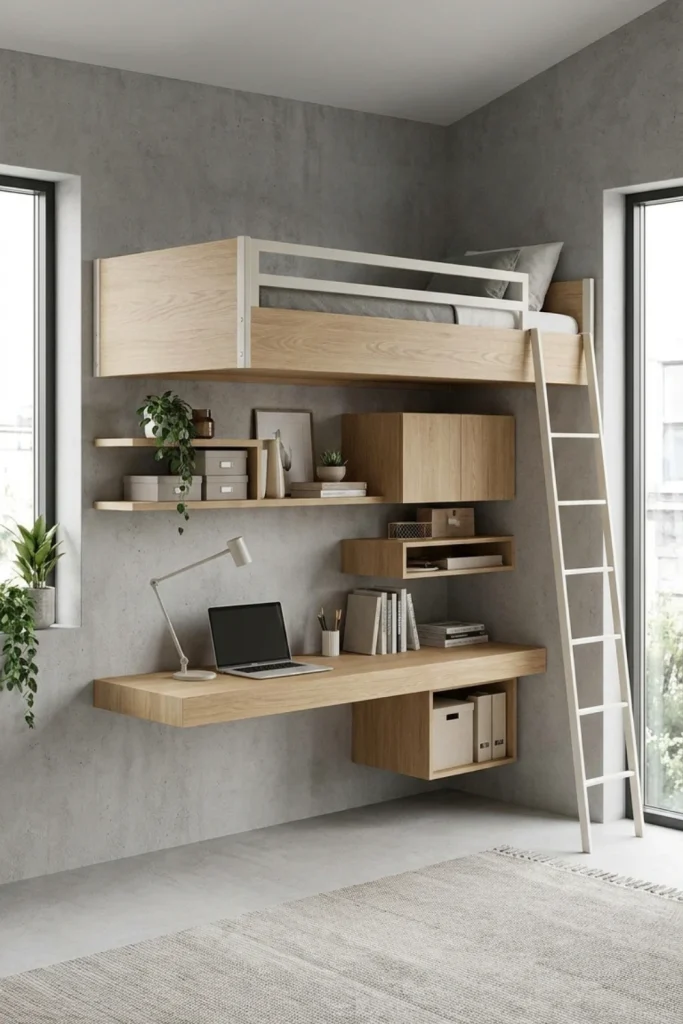 Small Loft Bed with Wall-Mounted Floating Desk System