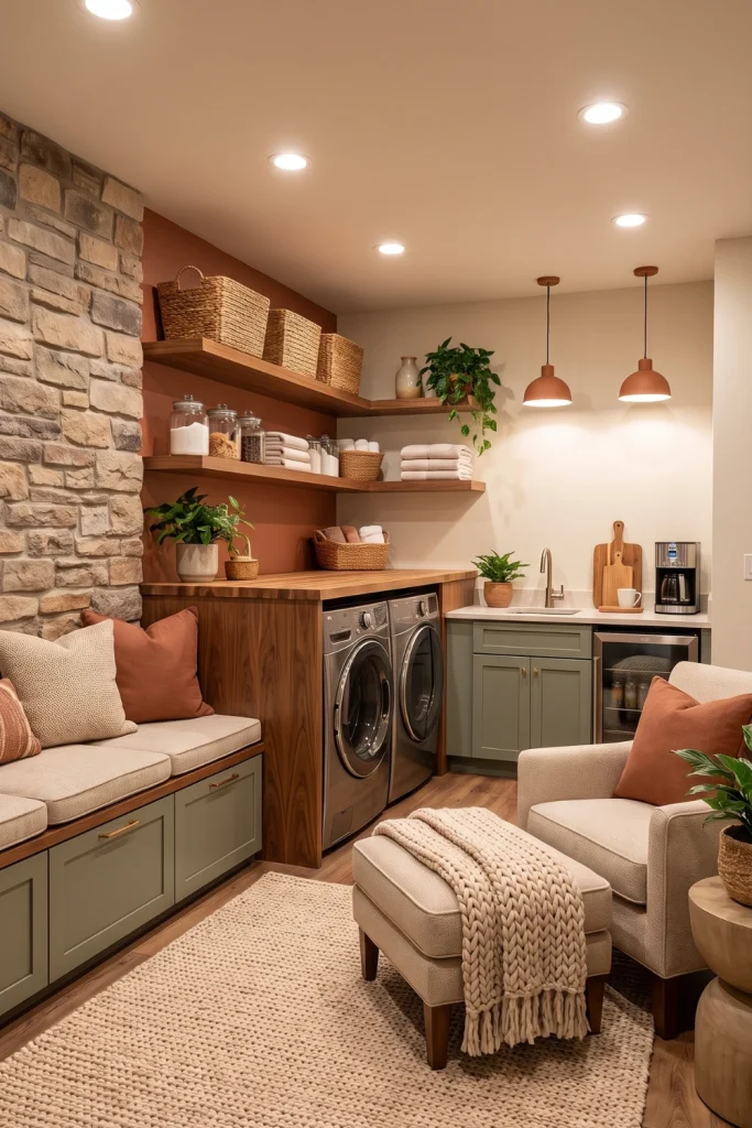 Basement Laundry Room With Cozy Lounge Elements