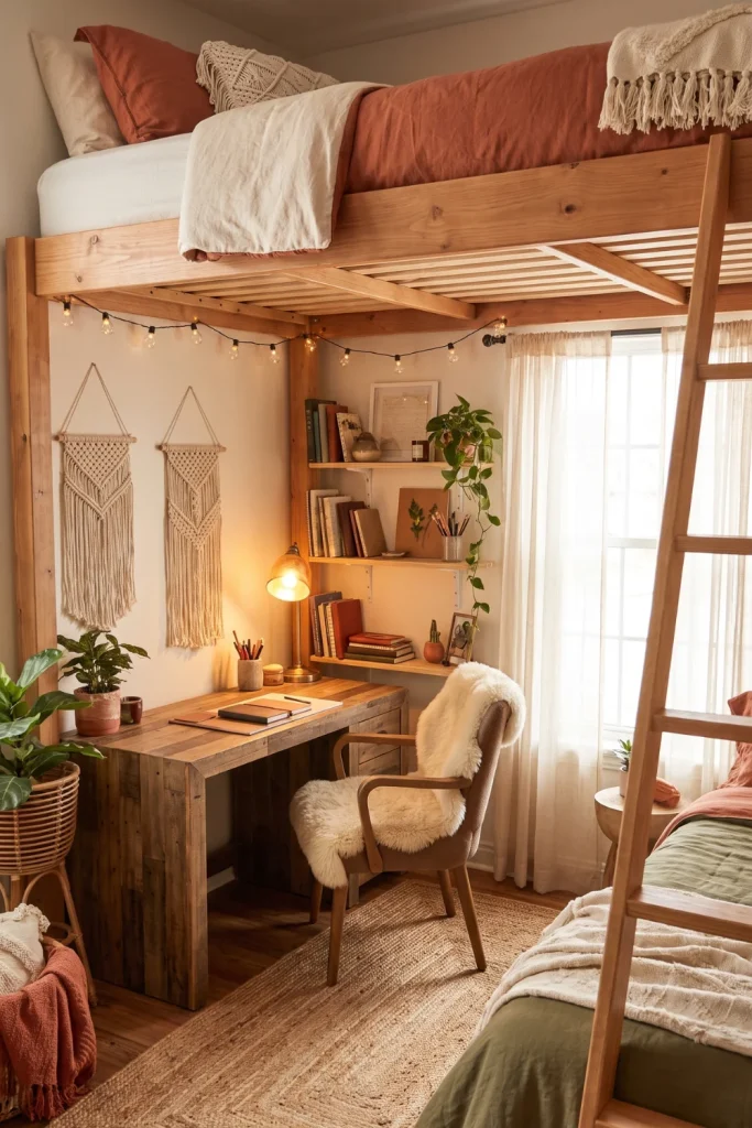 Boho Loft Bed with Warm Textured Study Corner