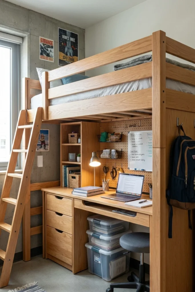 Compact College Dorm Loft Bed with Functional Desk Layout