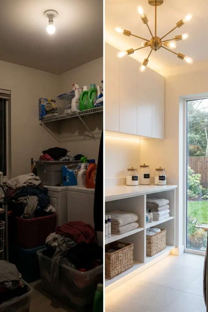 Dramatic Laundry Room Lighting Makeover Before and After