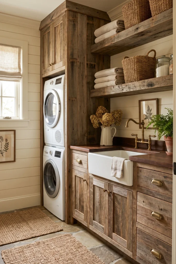 Farmhouse Mini Laundry Room With Rustic Wood Details