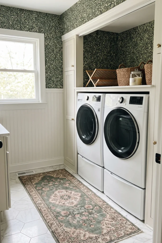Green Botanical Wallpaper Laundry Room