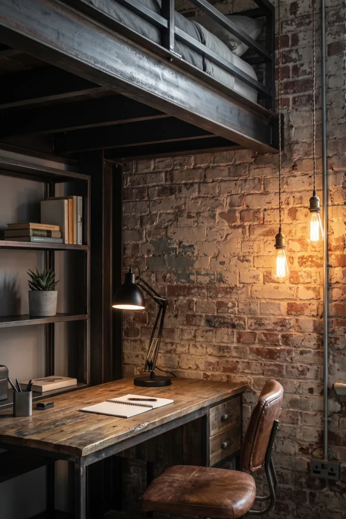 Industrial Black Metal Loft Bed with Study Nook