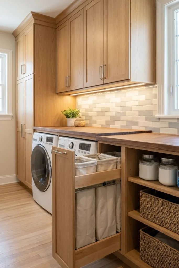 Laundry Room With Pull-Out Hidden Hamper System