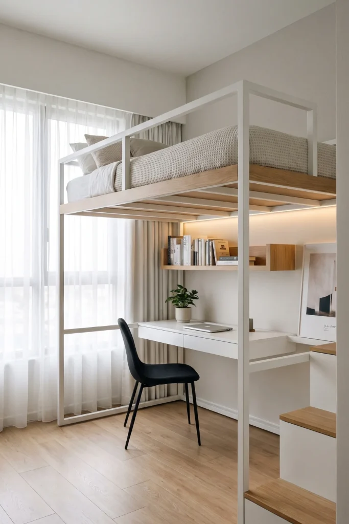 Loft Bed with Minimalist White Workspace