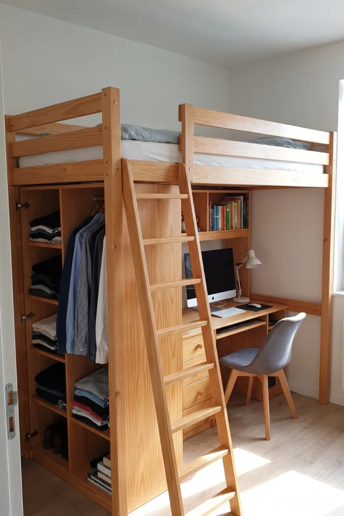 Loft Bed with Built-In Closet and Study Desk Combo
