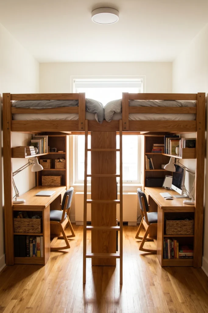 Loft Bed with Double Desk Setup for Shared Room
