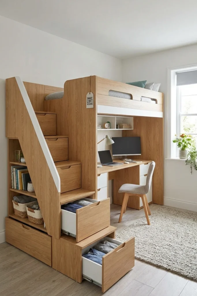 Loft Bed with Hidden Storage Staircase and Study Desk