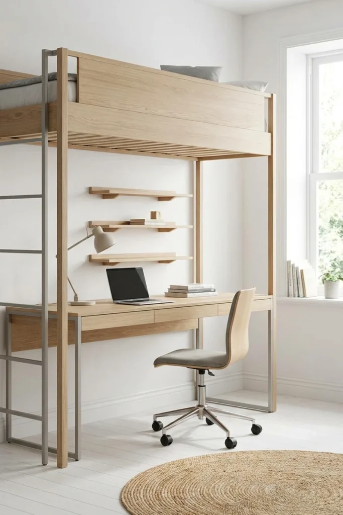 Loft Bed with Minimal Floating Shelves and Study Desk Integration