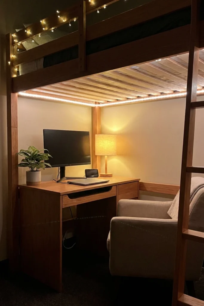 Loft Bed with Soft Glow Ambient Lighting Study Setup
