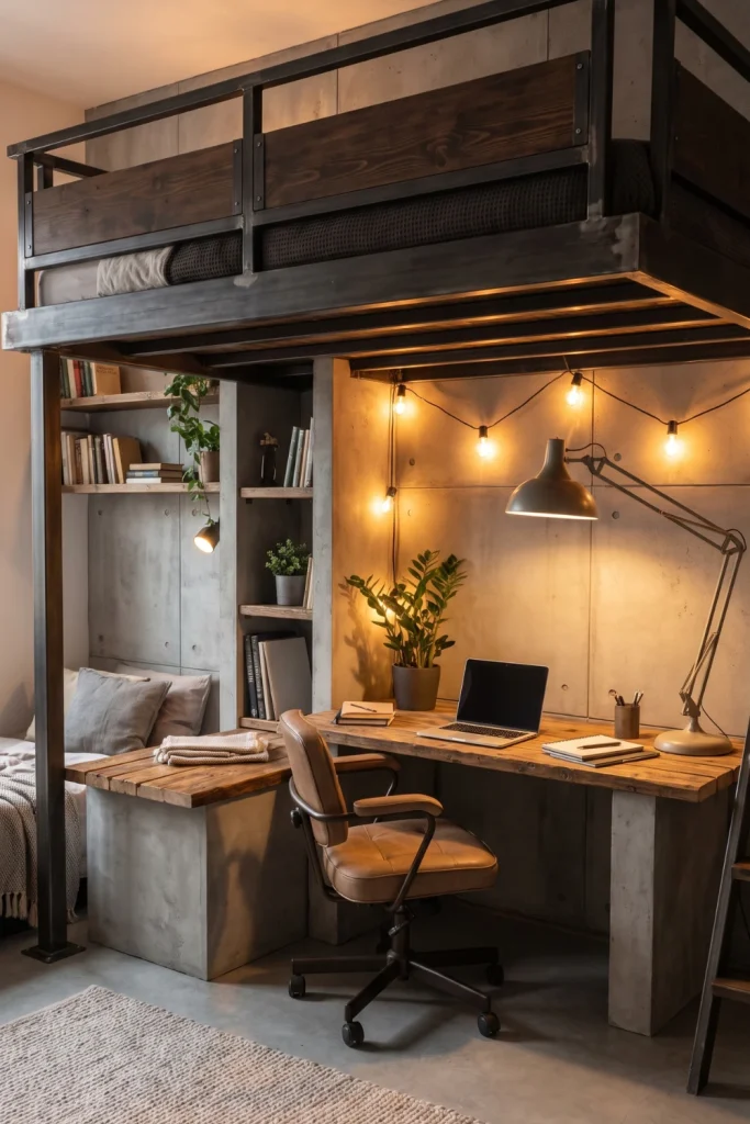 Loft Bed with Soft Industrial Concrete and Wood Study Space